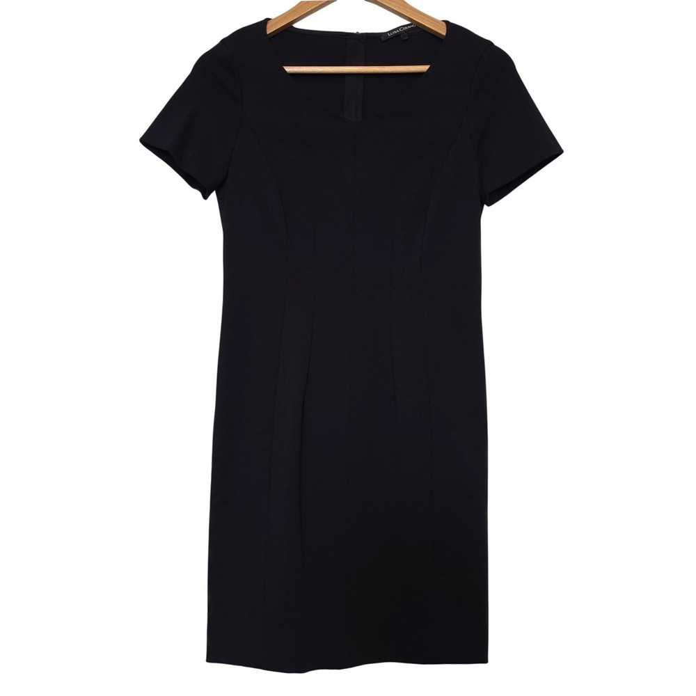Luisa Cerano Pintuck Sheath Dress Short Sleeve Navy Blue Size 4